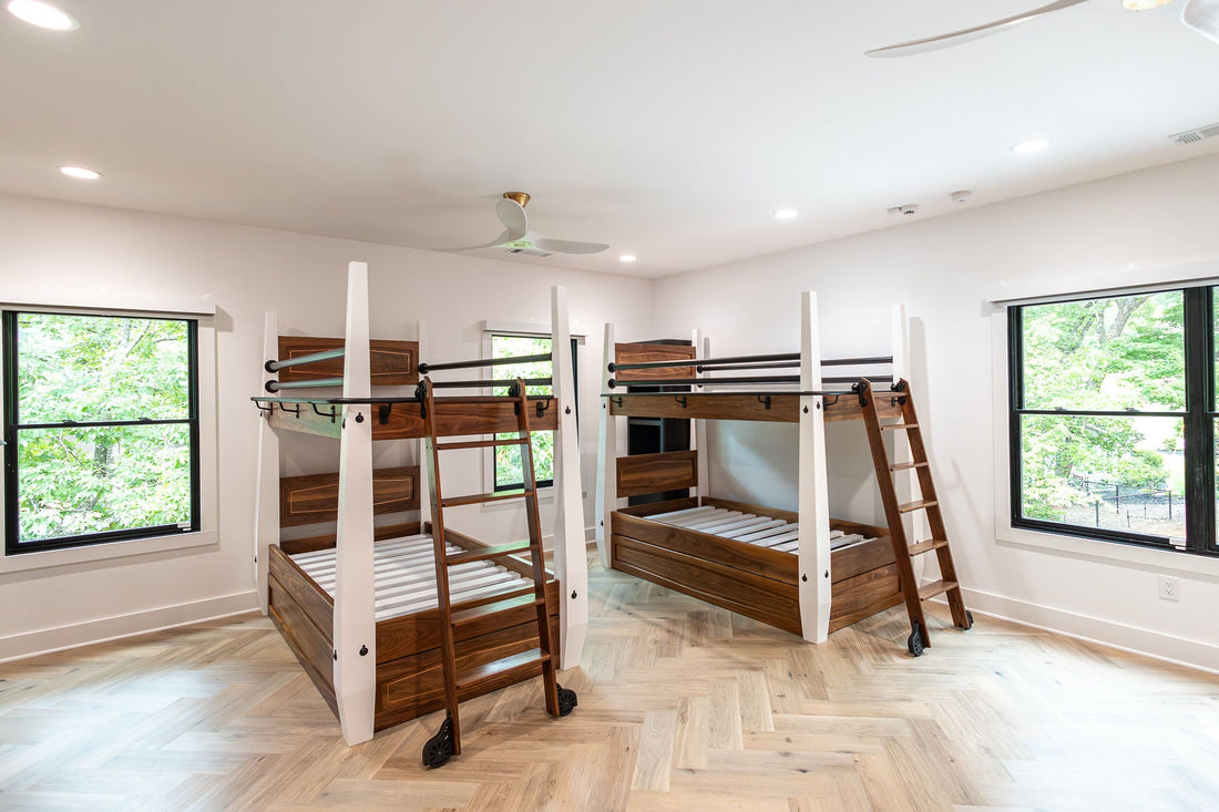 Custom walnut bunk beds, a matched horizontal pair handbuilt in Georgia