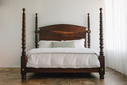 Custom walnut four poster bed with turned posts, handbuilt in Gainesville, Georgia