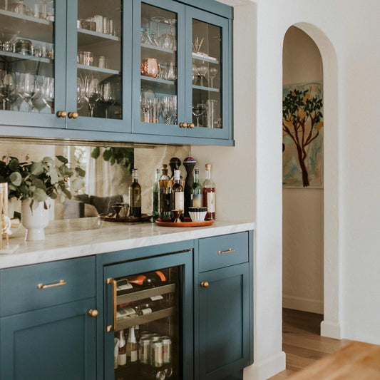 Painted blue maple wet bar cabinetry handcrafted by Reviving Dawn