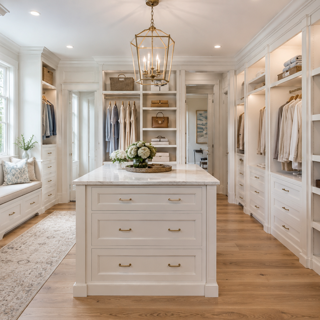 Luxurious walk-in closet with white shelves, island, and clothing racks. Oconee, GA