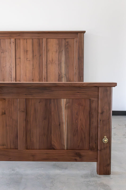 The Riverborne, solid black walnut frame and panel bed by Reviving Dawn